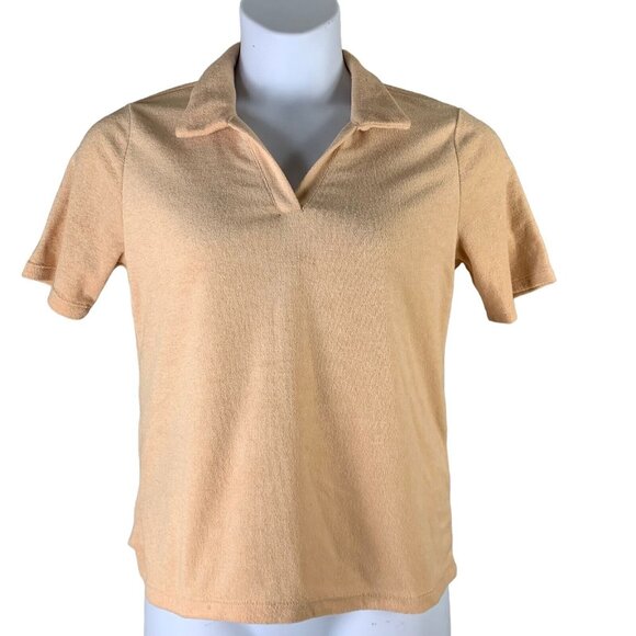 Velvet Orchid Sz Medium Polo Top Light Brown Velour Short Sleeve Collared V Neck - Picture 1 of 5
